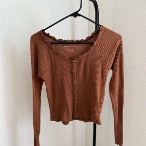 AE Women's Brown Ribbed Button-Up Top